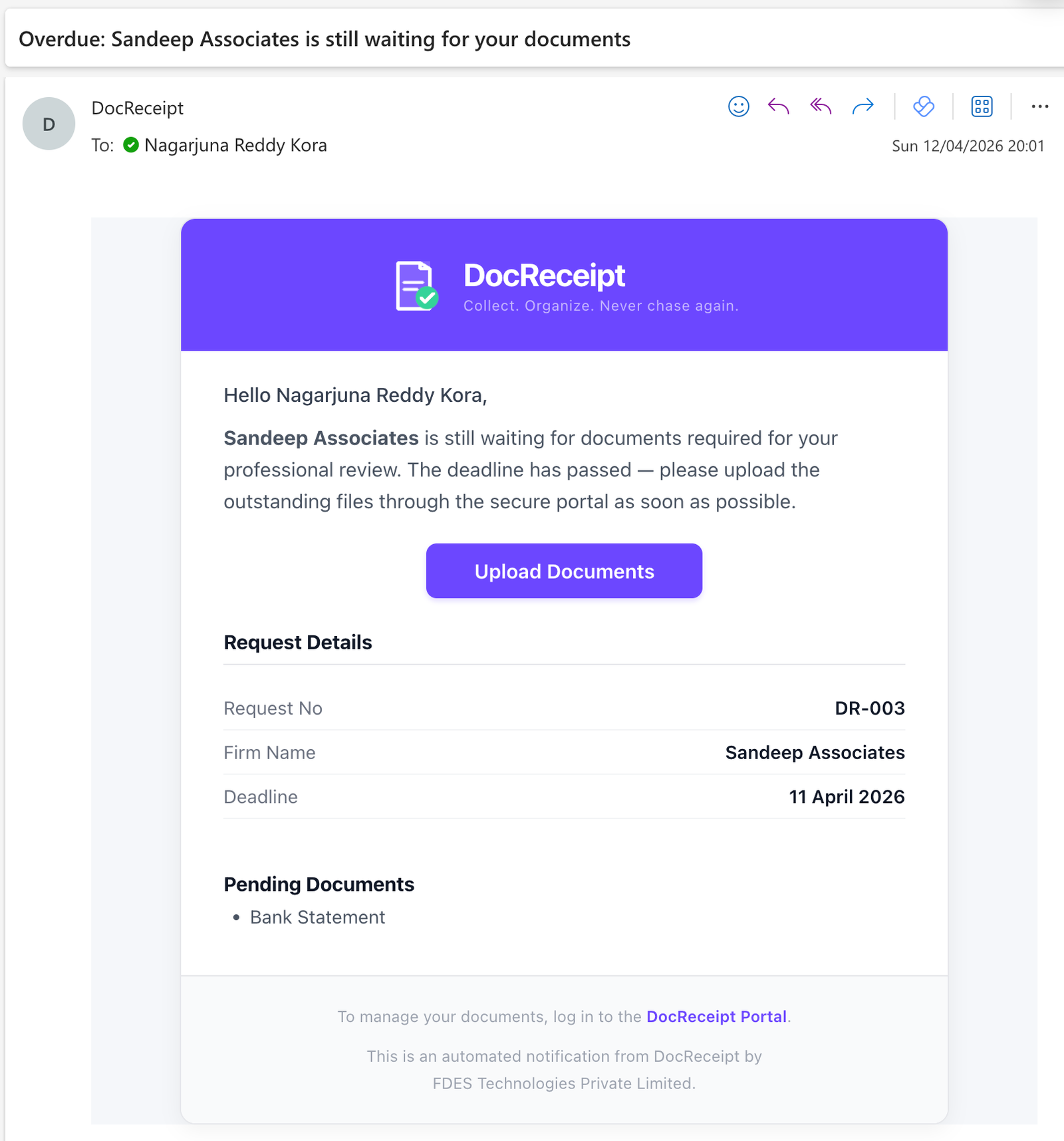 Automated reminder email sent to client